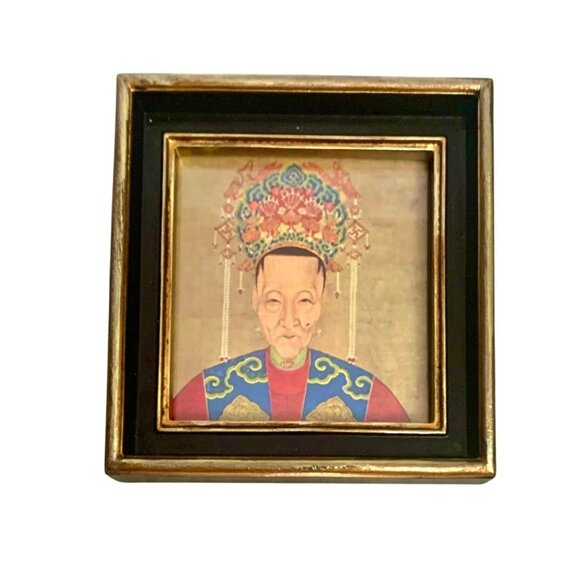 Print Chinese Ancestors Portrait in Nice Frame Vintage Folk Art Gift
